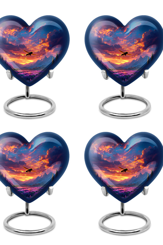 Bright Blue Bee Cremation Urn angled view of lid and engraved motif - romantic heart urn with bee motif on aluminum - 10 inch aluminum urn for cremated remains