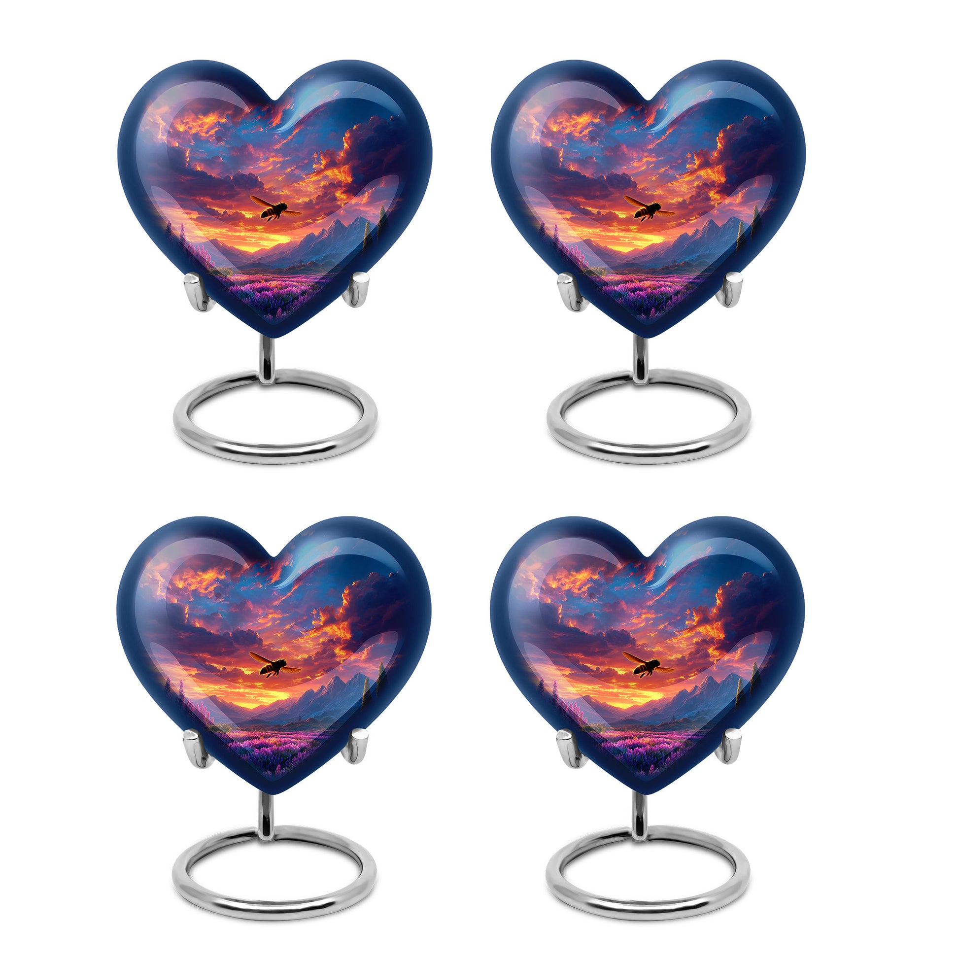 Bright Blue Bee Cremation Urn angled view of lid and engraved motif - romantic heart urn with bee motif on aluminum - 10 inch aluminum urn for cremated remains