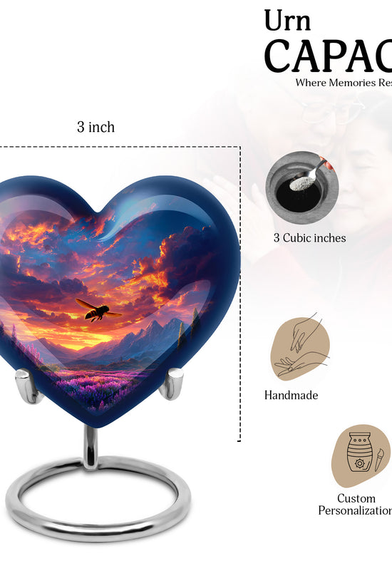 Cobalt Blue Bee Cremation Urn front view showing detailed design - compassionate heart-bee combination with gentle curves - mini keepsake memorial for portion of cremation ashes