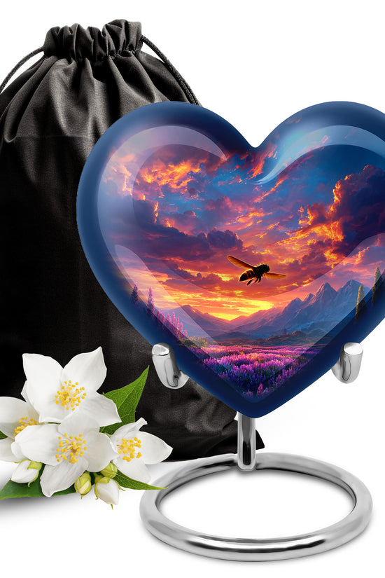 Bright Blue Bee Cremation Urn detail view - compassionate heart-bee combination with gentle curves - full-size 10 inch 200 cubic inch adult cremation urn