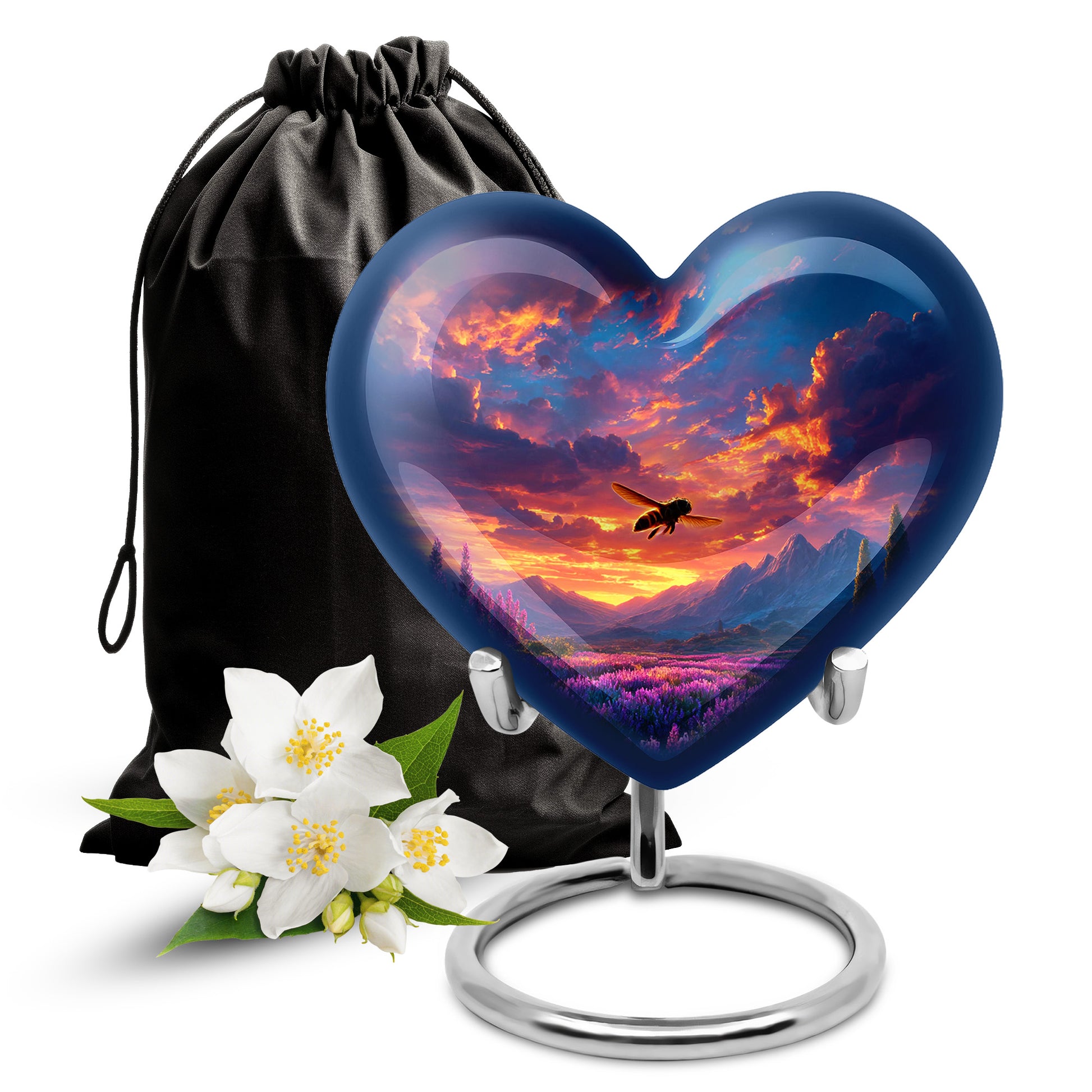 Bright Blue Bee Cremation Urn detail view - compassionate heart-bee combination with gentle curves - full-size 10 inch 200 cubic inch adult cremation urn