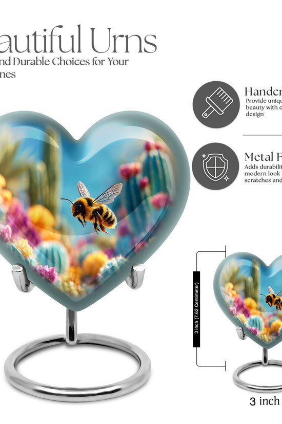 Soft Blue Bee Cremation Urn front view showing detailed design - romantic heart urn with bee motif on aluminum - mini keepsake memorial for portion of cremation ashes