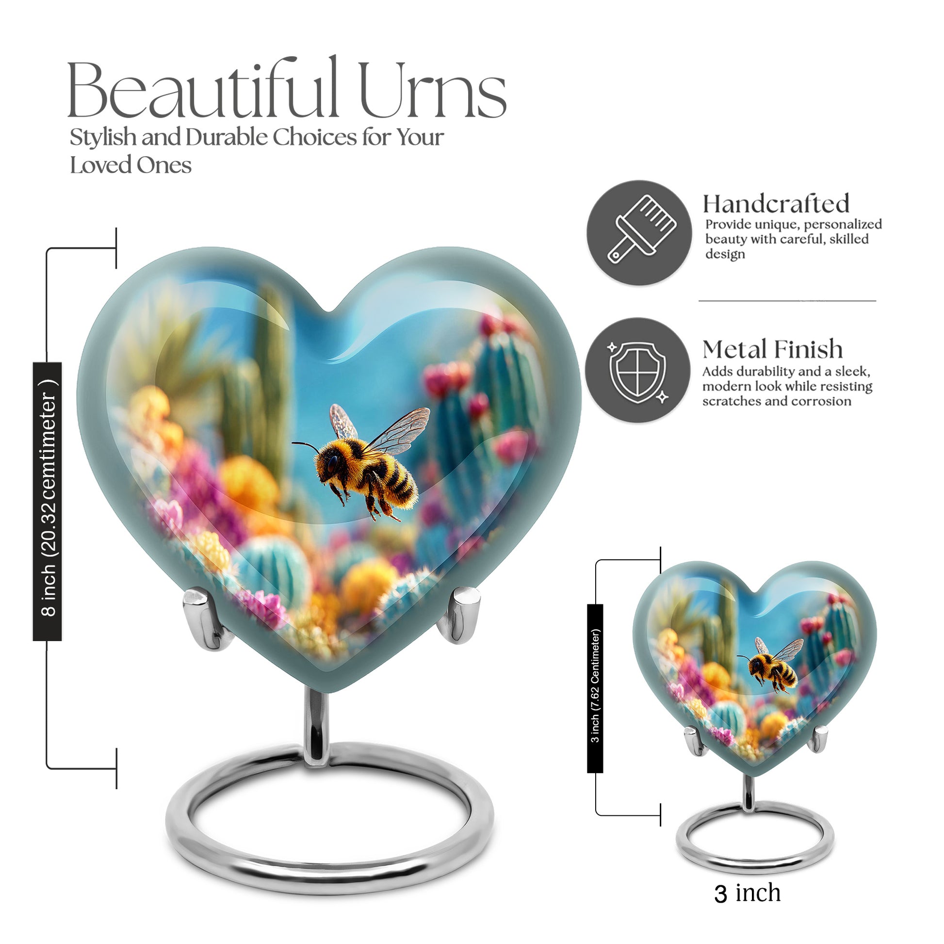 Soft Blue Bee Cremation Urn front view showing detailed design - romantic heart urn with bee motif on aluminum - mini keepsake memorial for portion of cremation ashes