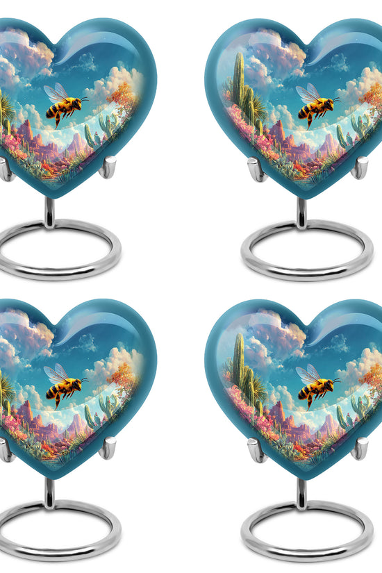 Twilight Blue Bee Cremation Urn angled view of lid and engraved motif - romantic heart urn with bee motif on aluminum - 10 inch aluminum urn for cremated remains