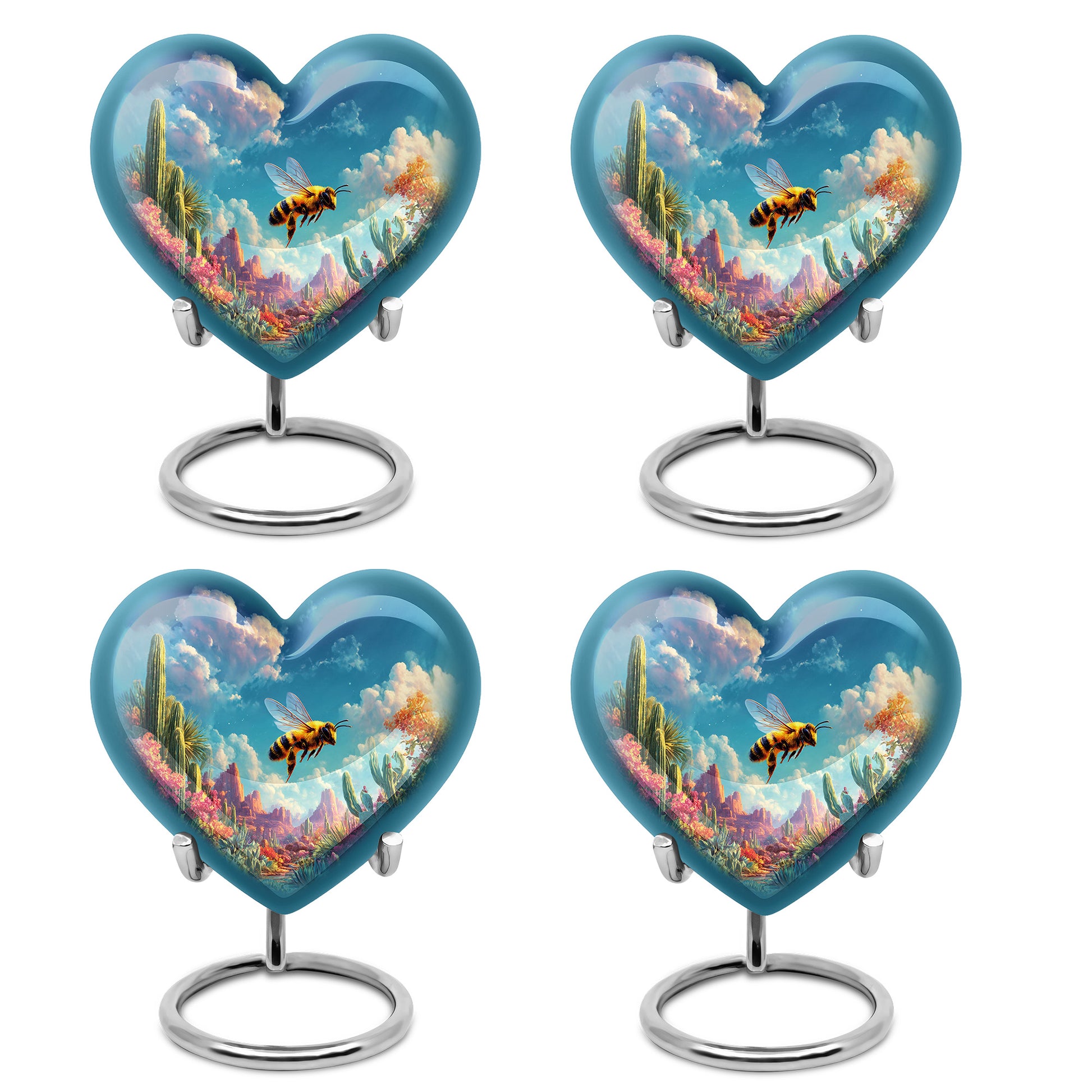 Twilight Blue Bee Cremation Urn angled view of lid and engraved motif - romantic heart urn with bee motif on aluminum - 10 inch aluminum urn for cremated remains