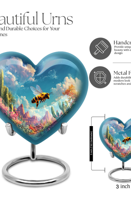 Celestial Blue Bee Cremation Urn front view showing detailed design - loving heart memorial featuring bee pattern - mini keepsake memorial for portion of cremation ashes