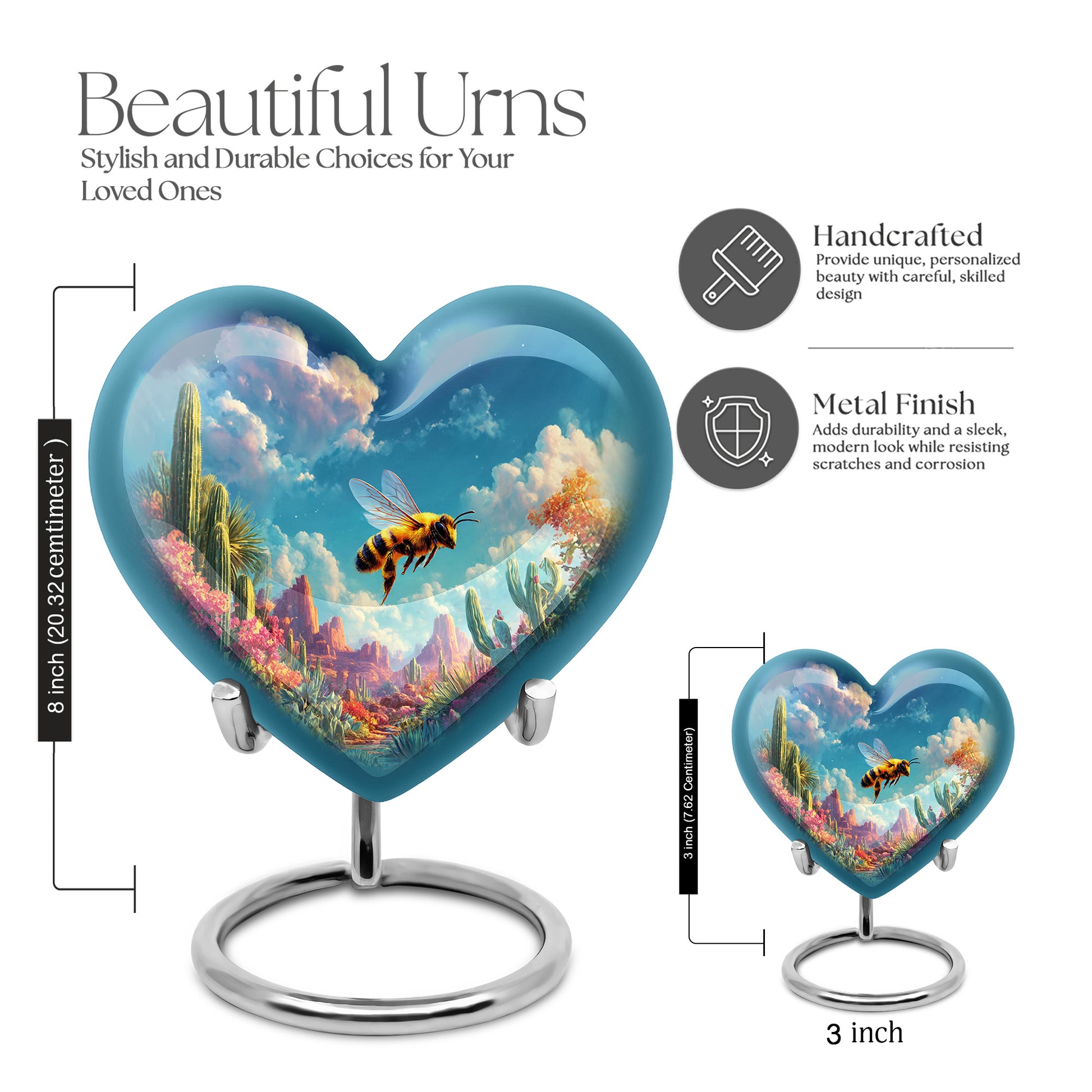 Celestial Blue Bee Cremation Urn front view showing detailed design - loving heart memorial featuring bee pattern - mini keepsake memorial for portion of cremation ashes