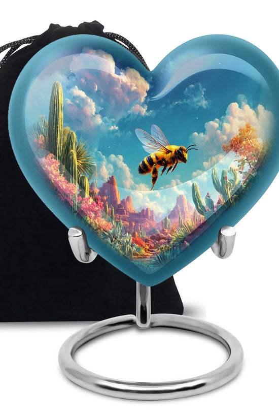 Pastel Blue Bee Cremation Urn detail view - loving heart memorial featuring bee pattern - full-size 10 inch 200 cubic inch adult cremation urn