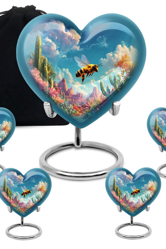 Serene Blue Bee Cremation Urn close-up of engraving and surface detail - compassionate heart-bee combination with gentle curves - memorial set with one large and four small urns