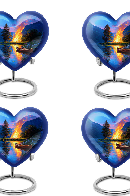 Twilight Blue Campfire Cremation Urn angled view of lid and engraved motif - romantic heart urn with campfire motif on aluminum - 10 inch aluminum urn for cremated remains