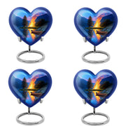 Twilight Blue Campfire Cremation Urn angled view of lid and engraved motif - romantic heart urn with campfire motif on aluminum - 10 inch aluminum urn for cremated remains