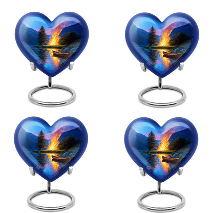 Twilight Blue Campfire Cremation Urn angled view of lid and engraved motif - romantic heart urn with campfire motif on aluminum - 10 inch aluminum urn for cremated remains