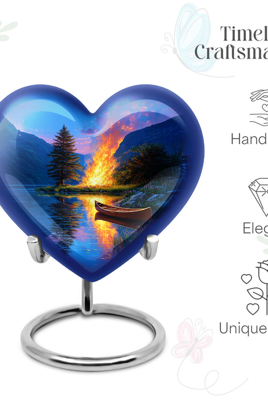 Twilight Blue Campfire Cremation Urn front view showing detailed design - romantic heart urn with campfire motif on aluminum - mini keepsake memorial for portion of cremation ashes