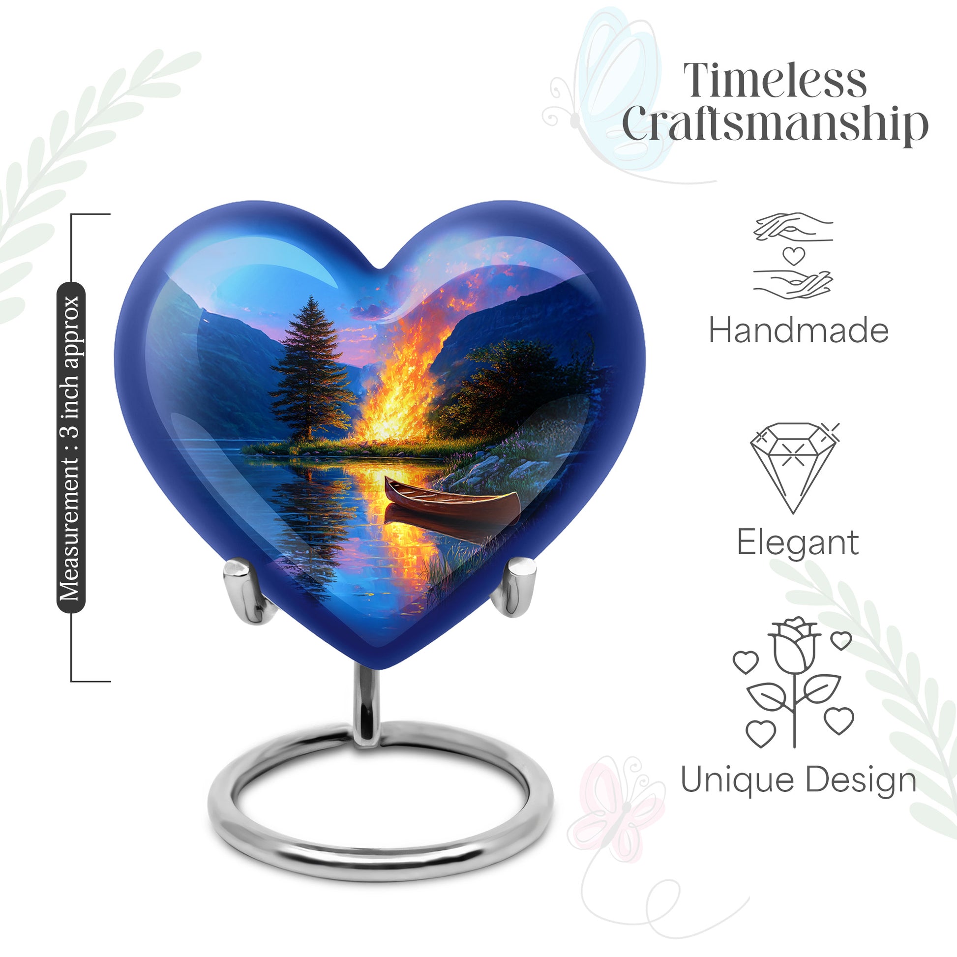 Twilight Blue Campfire Cremation Urn front view showing detailed design - romantic heart urn with campfire motif on aluminum - mini keepsake memorial for portion of cremation ashes