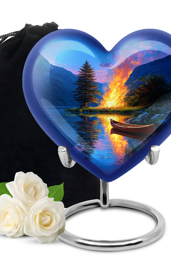 Sapphire Blue Campfire Cremation Urn detail view - compassionate heart-campfire combination with gentle curves - full-size 10 inch 200 cubic inch adult cremation urn