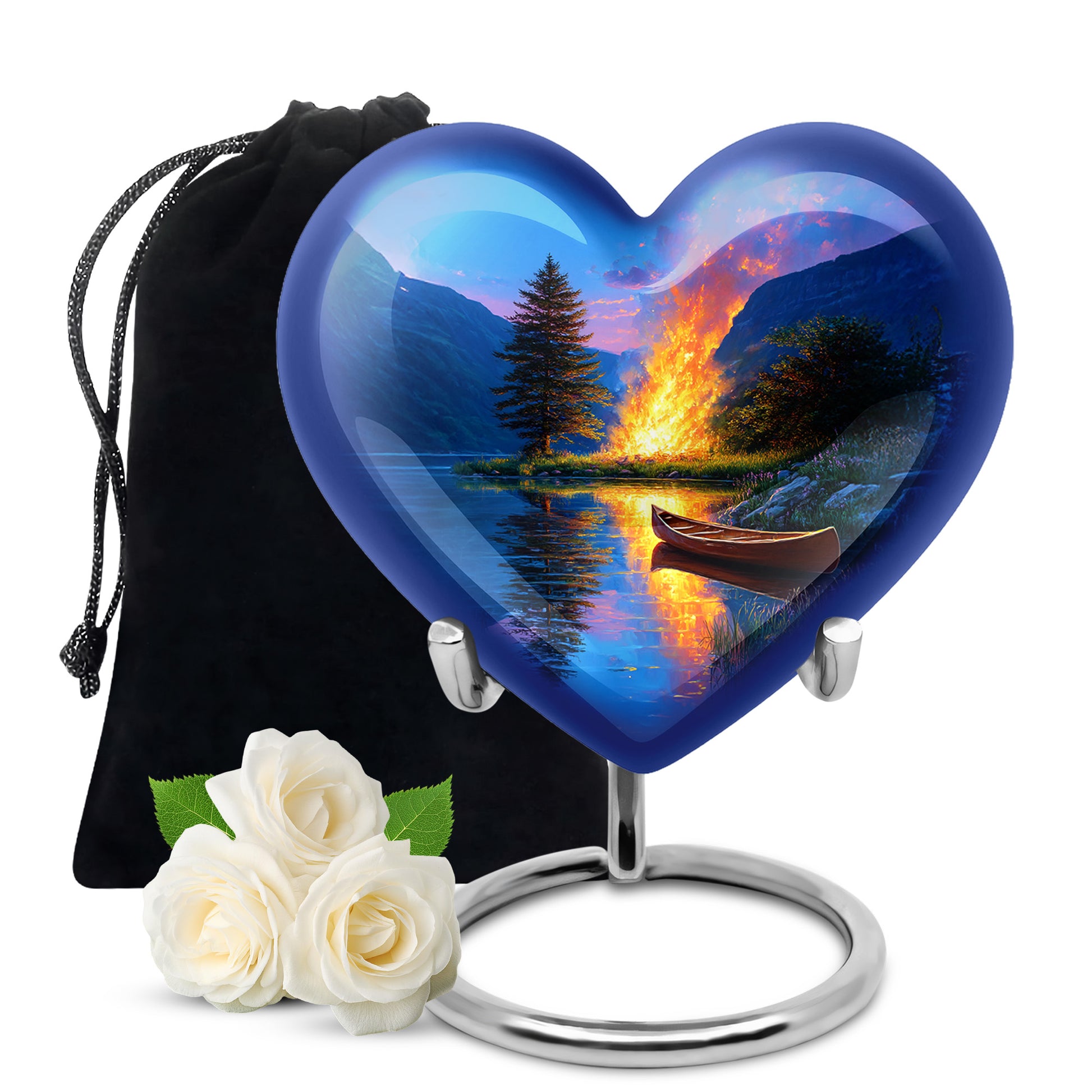 Sapphire Blue Campfire Cremation Urn detail view - compassionate heart-campfire combination with gentle curves - full-size 10 inch 200 cubic inch adult cremation urn