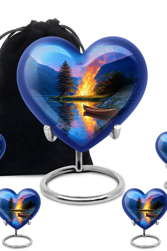 Serene Blue Campfire Cremation Urn close-up of engraving and surface detail - romantic heart urn with campfire motif on aluminum - memorial set with one large and four small urns