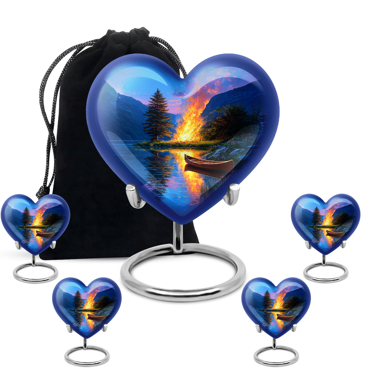 Serene Blue Campfire Cremation Urn close-up of engraving and surface detail - romantic heart urn with campfire motif on aluminum - memorial set with one large and four small urns