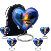 Serene Blue Campfire Cremation Urn close-up of engraving and surface detail - romantic heart urn with campfire motif on aluminum - memorial set with one large and four small urns