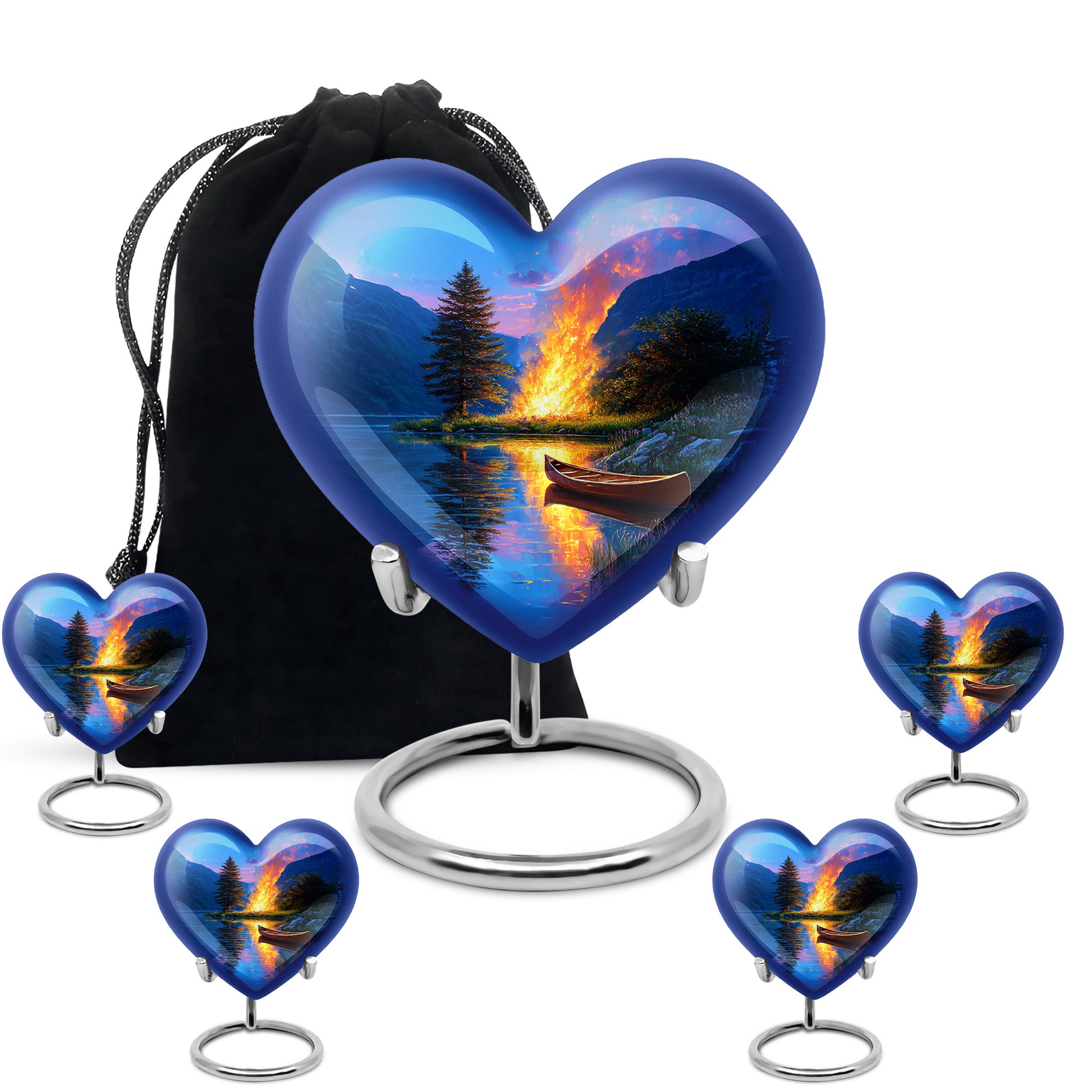 Serene Blue Campfire Cremation Urn close-up of engraving and surface detail - romantic heart urn with campfire motif on aluminum - memorial set with one large and four small urns