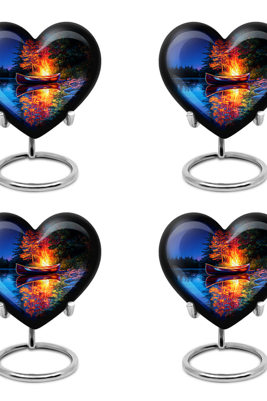 Vivid Blue Campfire Cremation Urn angled view of lid and engraved motif - compassionate heart-campfire combination with gentle curves - 10 inch aluminum urn for cremated remains