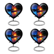 Vivid Blue Campfire Cremation Urn angled view of lid and engraved motif - compassionate heart-campfire combination with gentle curves - 10 inch aluminum urn for cremated remains
