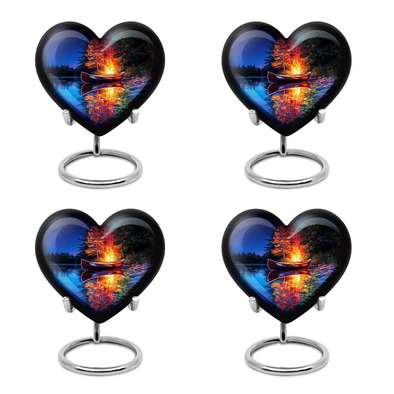 Vivid Blue Campfire Cremation Urn angled view of lid and engraved motif - compassionate heart-campfire combination with gentle curves - 10 inch aluminum urn for cremated remains