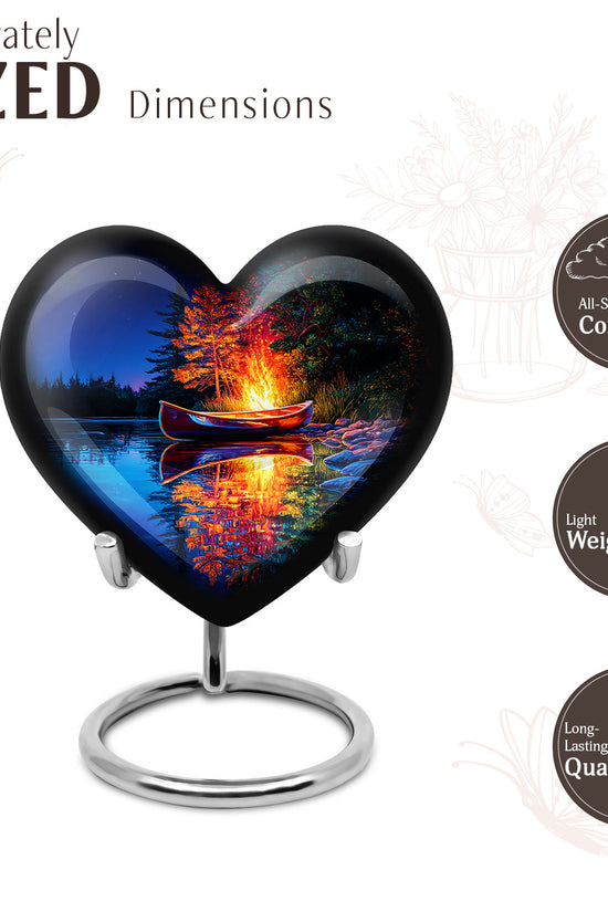 Celestial Blue Campfire Cremation Urn front view showing detailed design - loving heart memorial featuring campfire pattern - mini keepsake memorial for portion of cremation ashes