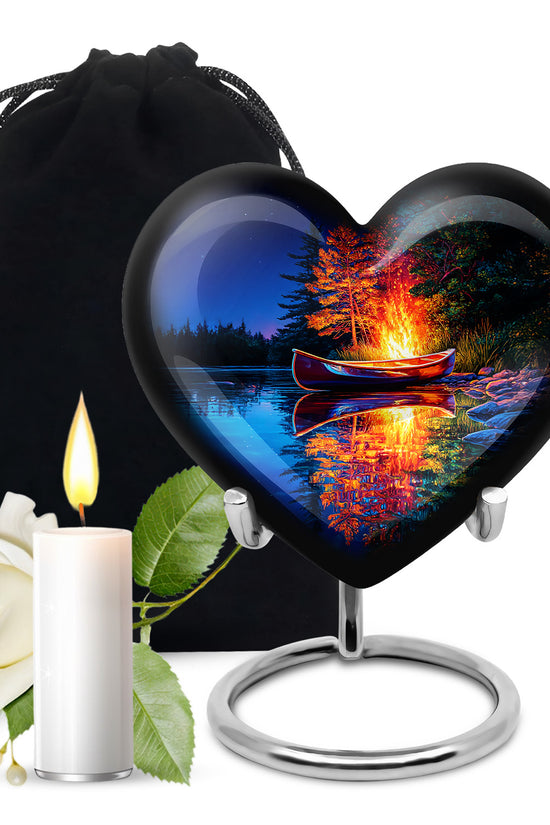 Bright Blue Campfire Cremation Urn detail view - compassionate heart-campfire combination with gentle curves - full-size 10 inch 200 cubic inch adult cremation urn