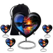 Azure Campfire Cremation Urn close-up of engraving and surface detail - heart-shaped campfire design symbolizing eternal love - memorial set with one large and four small urns