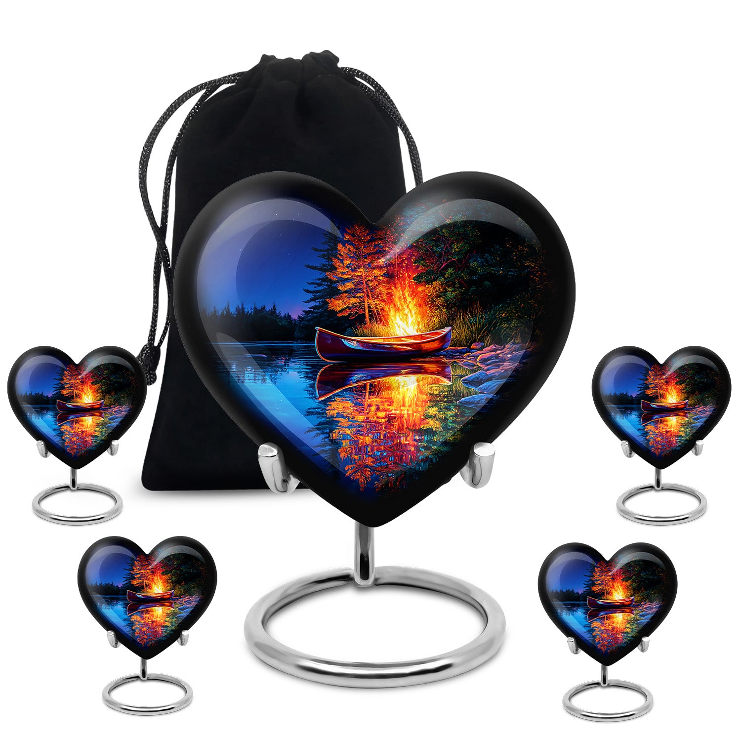 Azure Campfire Cremation Urn close-up of engraving and surface detail - heart-shaped campfire design symbolizing eternal love - memorial set with one large and four small urns