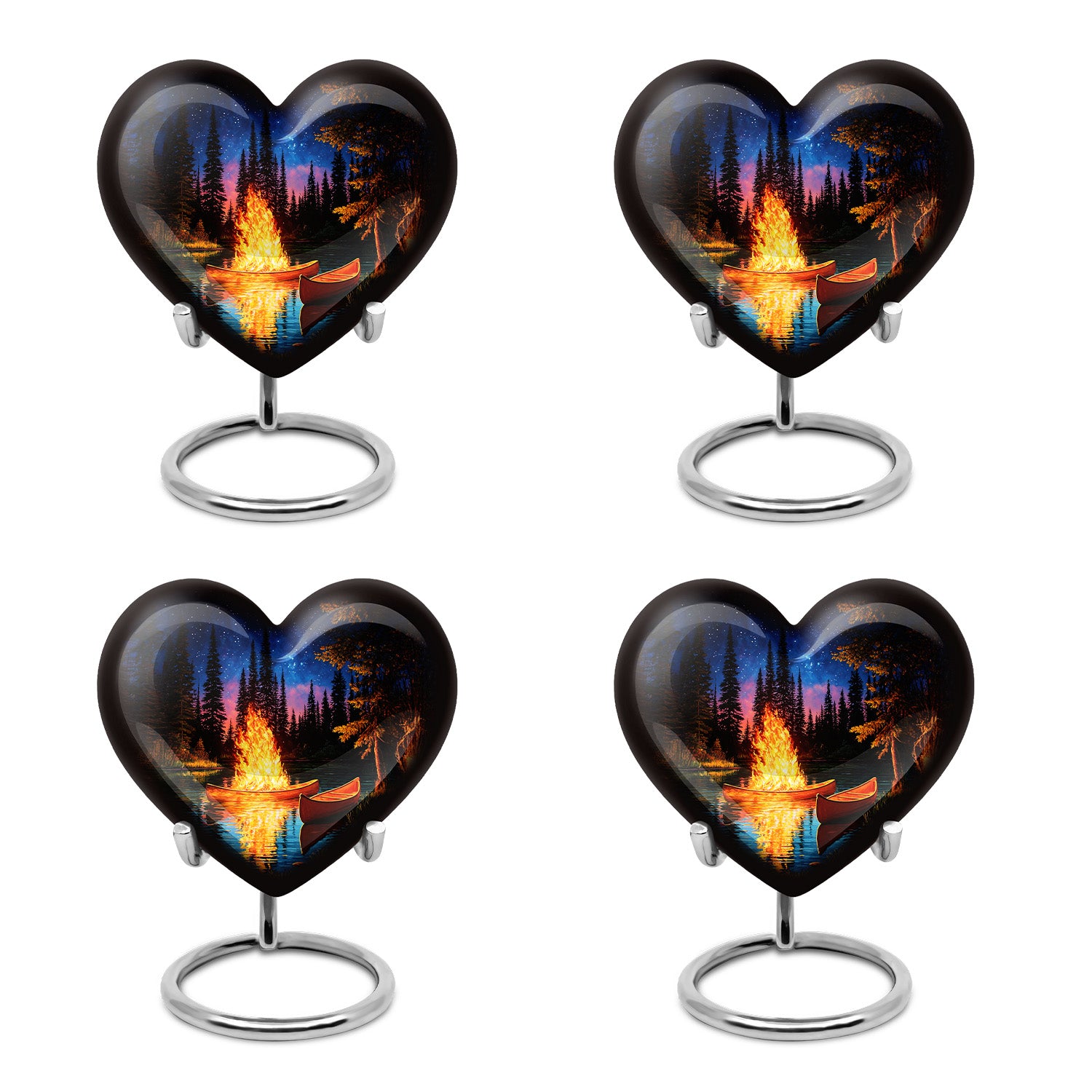 Deep Black Campfire Cremation Urn angled view of lid and engraved motif - heart-shaped campfire design symbolizing eternal love - 10 inch aluminum urn for cremated remains