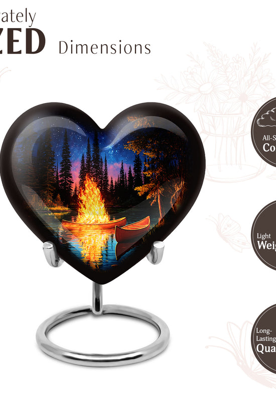 Charcoal Black Campfire Cremation Urn front view showing detailed design - compassionate heart-campfire combination with gentle curves - mini keepsake memorial for portion of cremation ashes