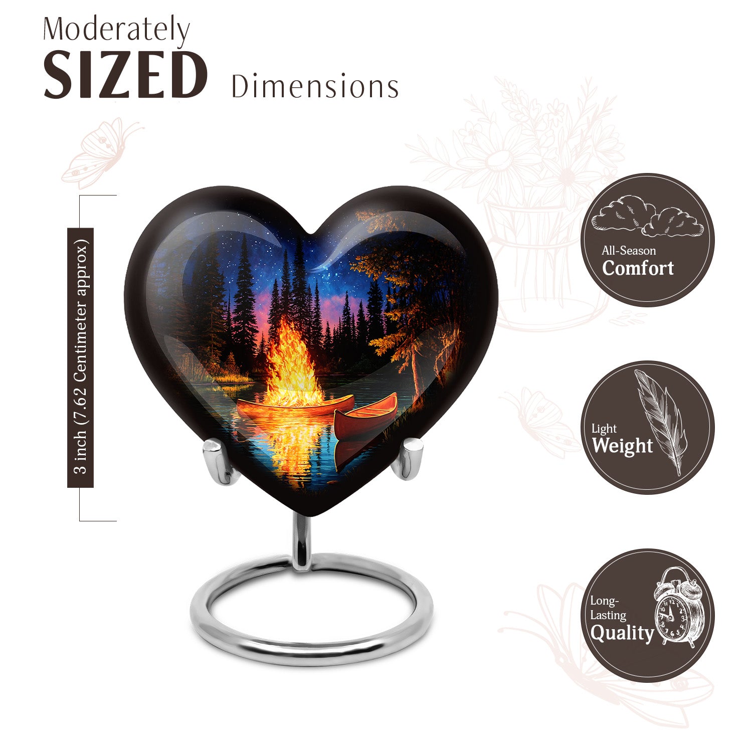 Charcoal Black Campfire Cremation Urn front view showing detailed design - compassionate heart-campfire combination with gentle curves - mini keepsake memorial for portion of cremation ashes