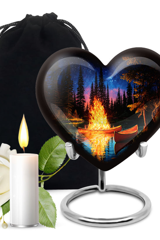 Obsidian Black Campfire Cremation Urn detail view - romantic heart urn with campfire motif on aluminum - full-size 10 inch 200 cubic inch adult cremation urn