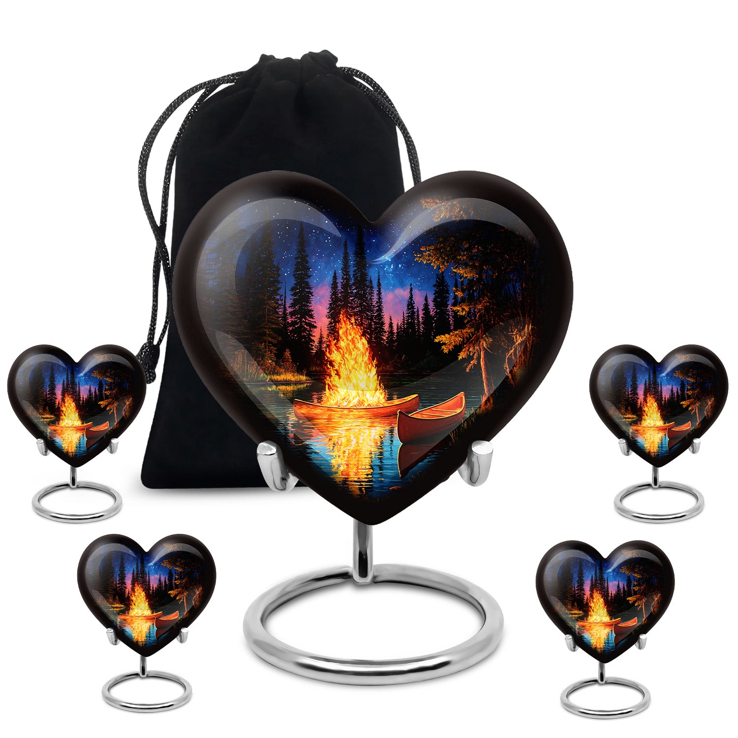 Midnight Black Campfire Cremation Urn close-up of engraving and surface detail - compassionate heart-campfire combination with gentle curves - memorial set with one large and four small urns