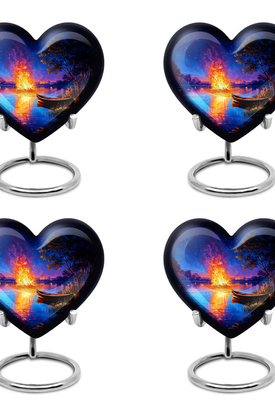 Navy Blue Campfire Cremation Urn angled view of lid and engraved motif - loving heart memorial featuring campfire pattern - 10 inch aluminum urn for cremated remains