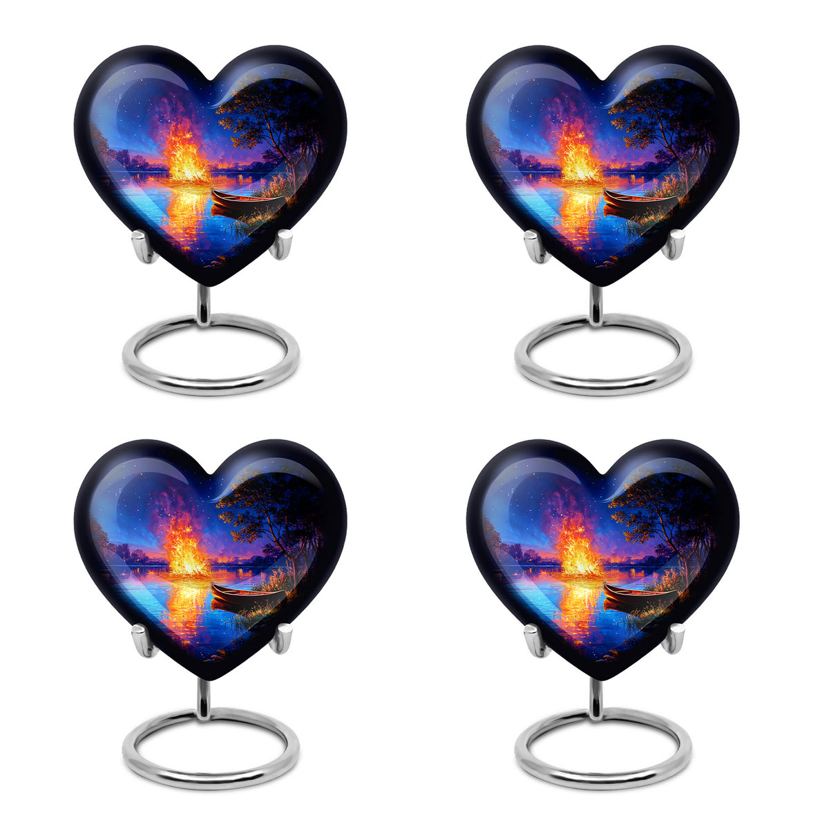 Navy Blue Campfire Cremation Urn angled view of lid and engraved motif - loving heart memorial featuring campfire pattern - 10 inch aluminum urn for cremated remains
