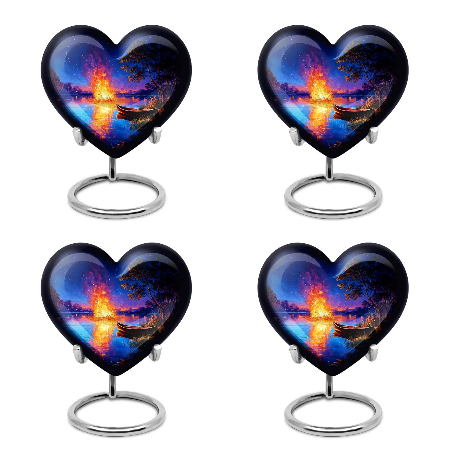 Navy Blue Campfire Cremation Urn angled view of lid and engraved motif - loving heart memorial featuring campfire pattern - 10 inch aluminum urn for cremated remains
