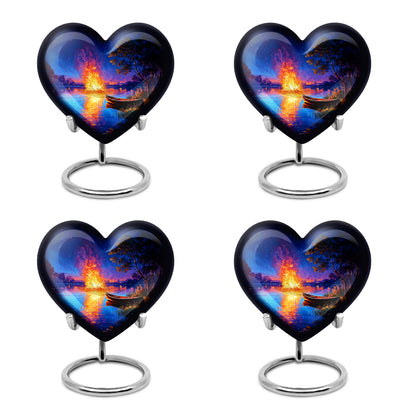 Navy Blue Campfire Cremation Urn angled view of lid and engraved motif - loving heart memorial featuring campfire pattern - 10 inch aluminum urn for cremated remains