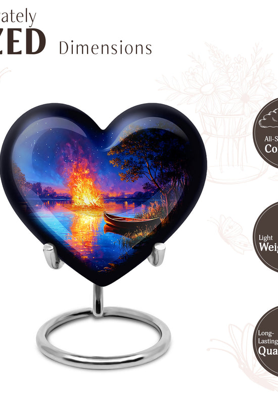 Pastel Blue Campfire Cremation Urn front view showing detailed design - loving heart memorial featuring campfire pattern - mini keepsake memorial for portion of cremation ashes