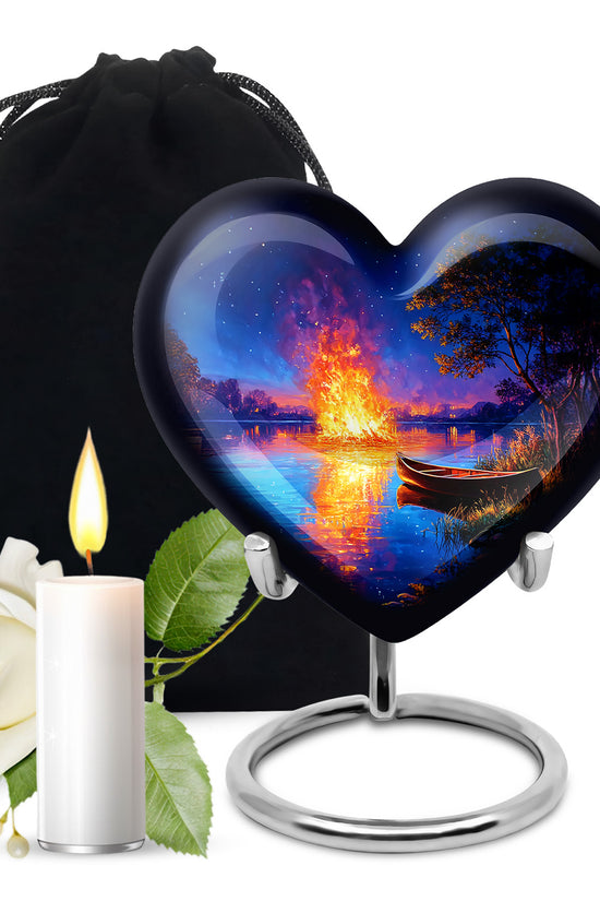 Slate Blue Campfire Cremation Urn detail view - loving heart memorial featuring campfire pattern - full-size 10 inch 200 cubic inch adult cremation urn