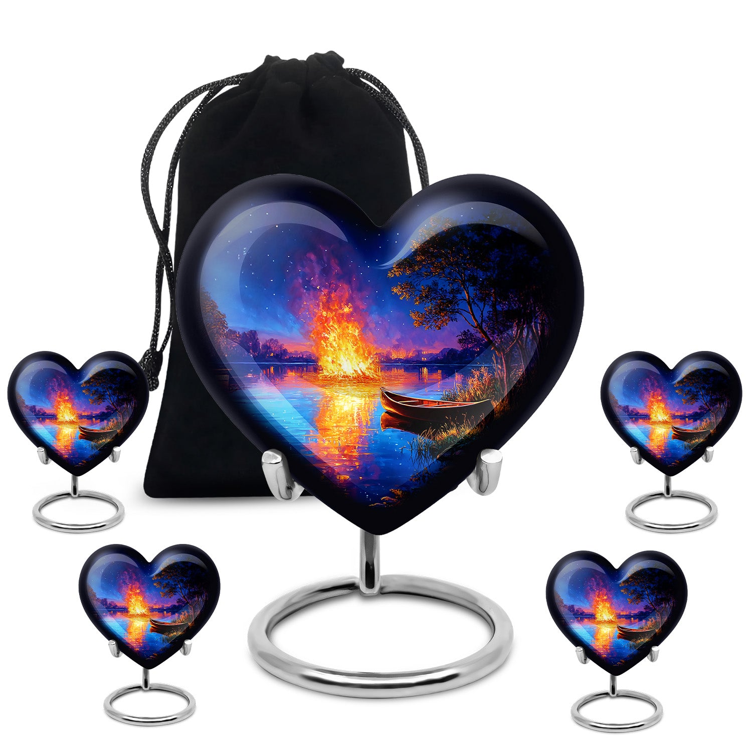 Soft Blue Campfire Cremation Urn close-up of engraving and surface detail - compassionate heart-campfire combination with gentle curves - memorial set with one large and four small urns