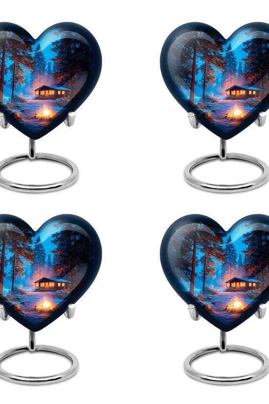 Pastel Blue Campfire Cremation Urn angled view of lid and engraved motif - heart-shaped campfire design symbolizing eternal love - 10 inch aluminum urn for cremated remains