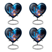 Pastel Blue Campfire Cremation Urn angled view of lid and engraved motif - heart-shaped campfire design symbolizing eternal love - 10 inch aluminum urn for cremated remains