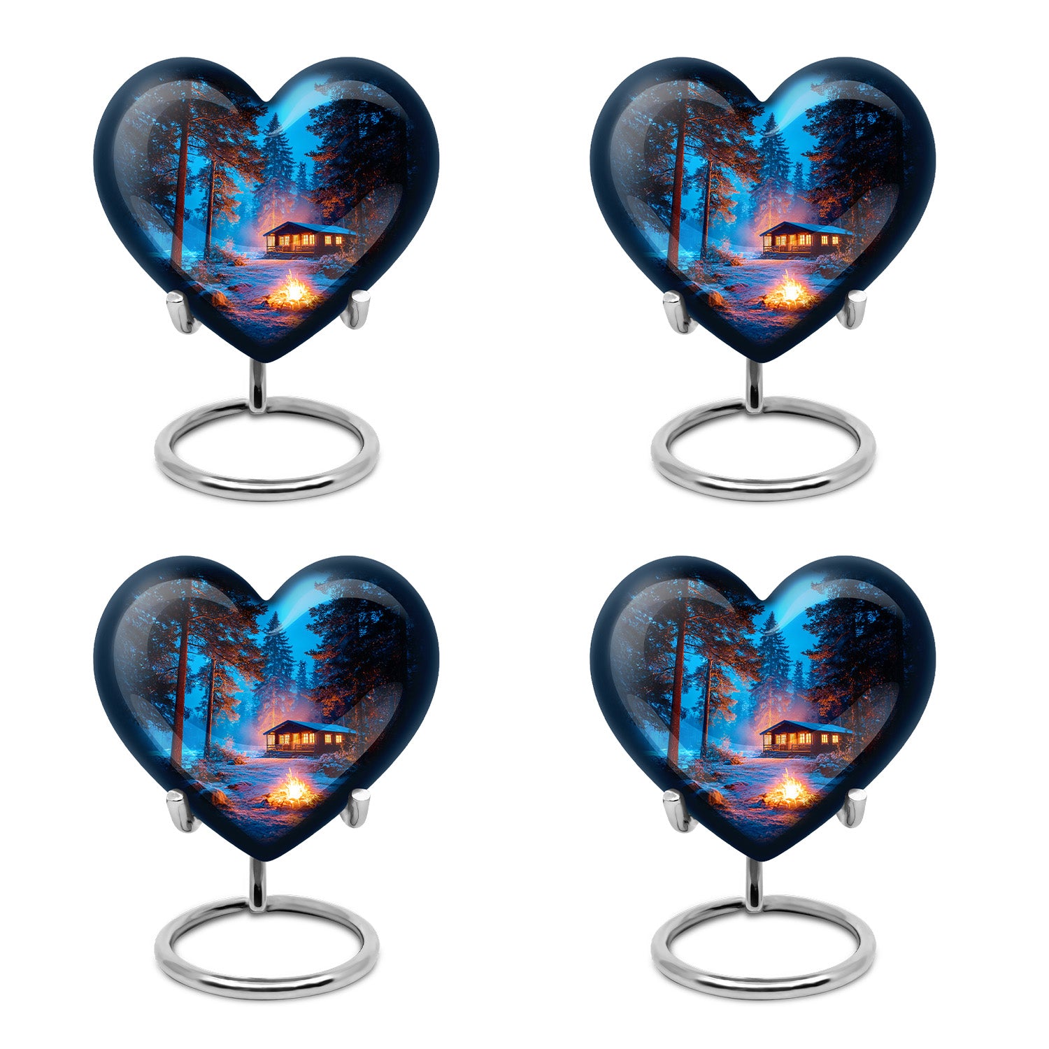 Pastel Blue Campfire Cremation Urn angled view of lid and engraved motif - heart-shaped campfire design symbolizing eternal love - 10 inch aluminum urn for cremated remains