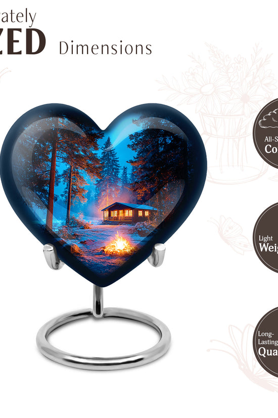 Sky Blue Campfire Cremation Urn front view showing detailed design - heart-shaped campfire design symbolizing eternal love - mini keepsake memorial for portion of cremation ashes