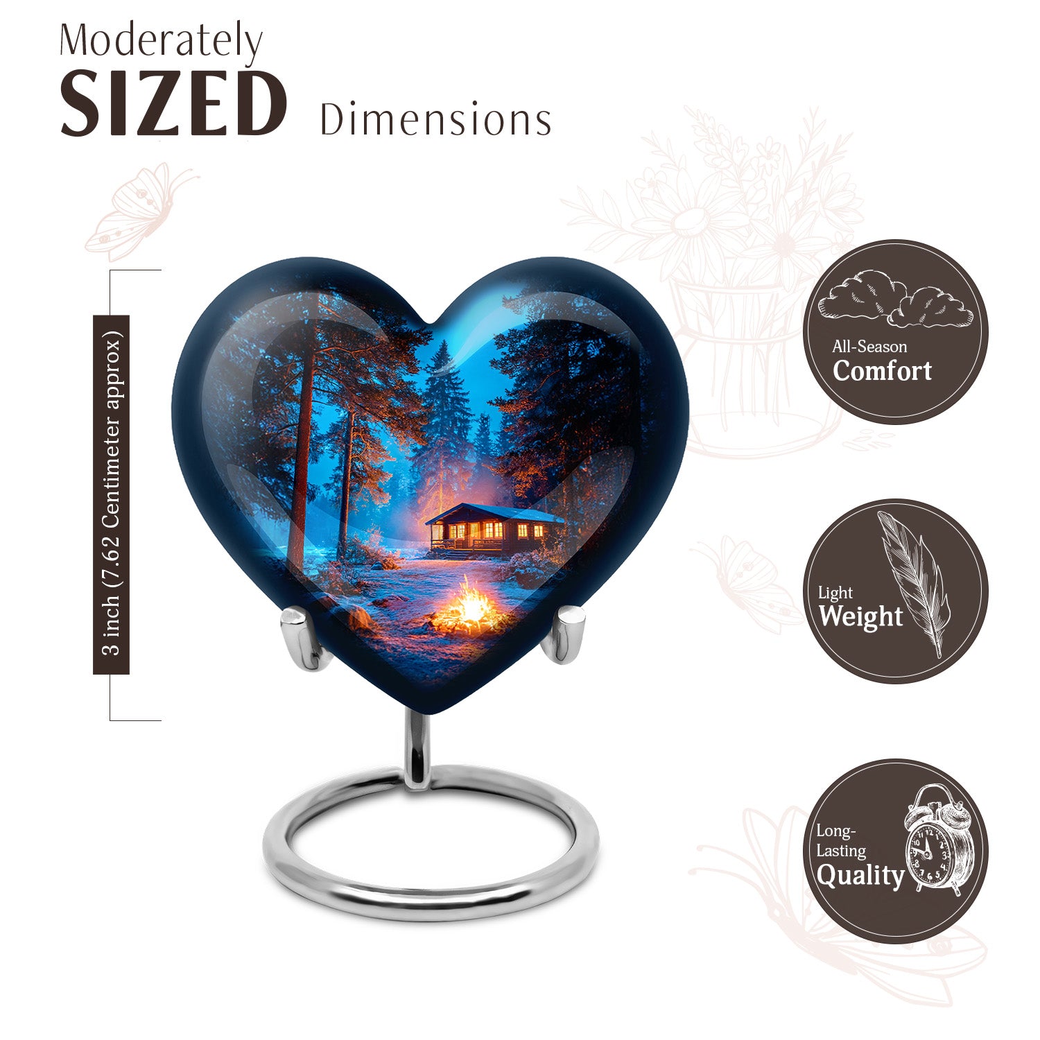 Sky Blue Campfire Cremation Urn front view showing detailed design - heart-shaped campfire design symbolizing eternal love - mini keepsake memorial for portion of cremation ashes
