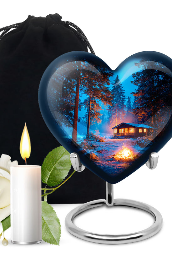 Bright Blue Campfire Cremation Urn detail view - compassionate heart-campfire combination with gentle curves - full-size 10 inch 200 cubic inch adult cremation urn