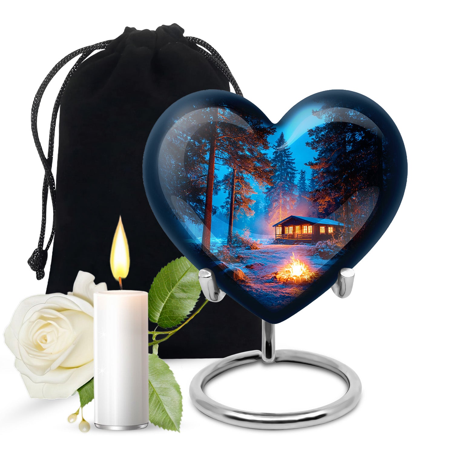 Bright Blue Campfire Cremation Urn detail view - compassionate heart-campfire combination with gentle curves - full-size 10 inch 200 cubic inch adult cremation urn